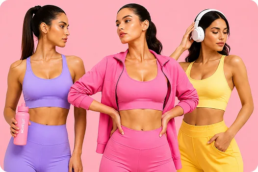 Three Movelle models wearing colorful activewear